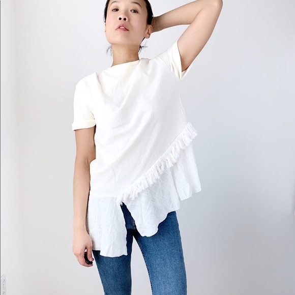 ZARA WHITE ASYMMETRIC HEM FRINGES TOP - SIZE M MADE IN PORTUGAL - Picture 2 of 6